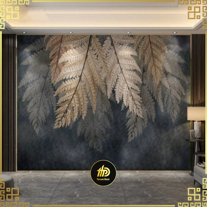پتینه دیوار طرح برگ با زمینه ابر و باد تیره سبک مدرن لوکس ترند ۱۴۰۴
